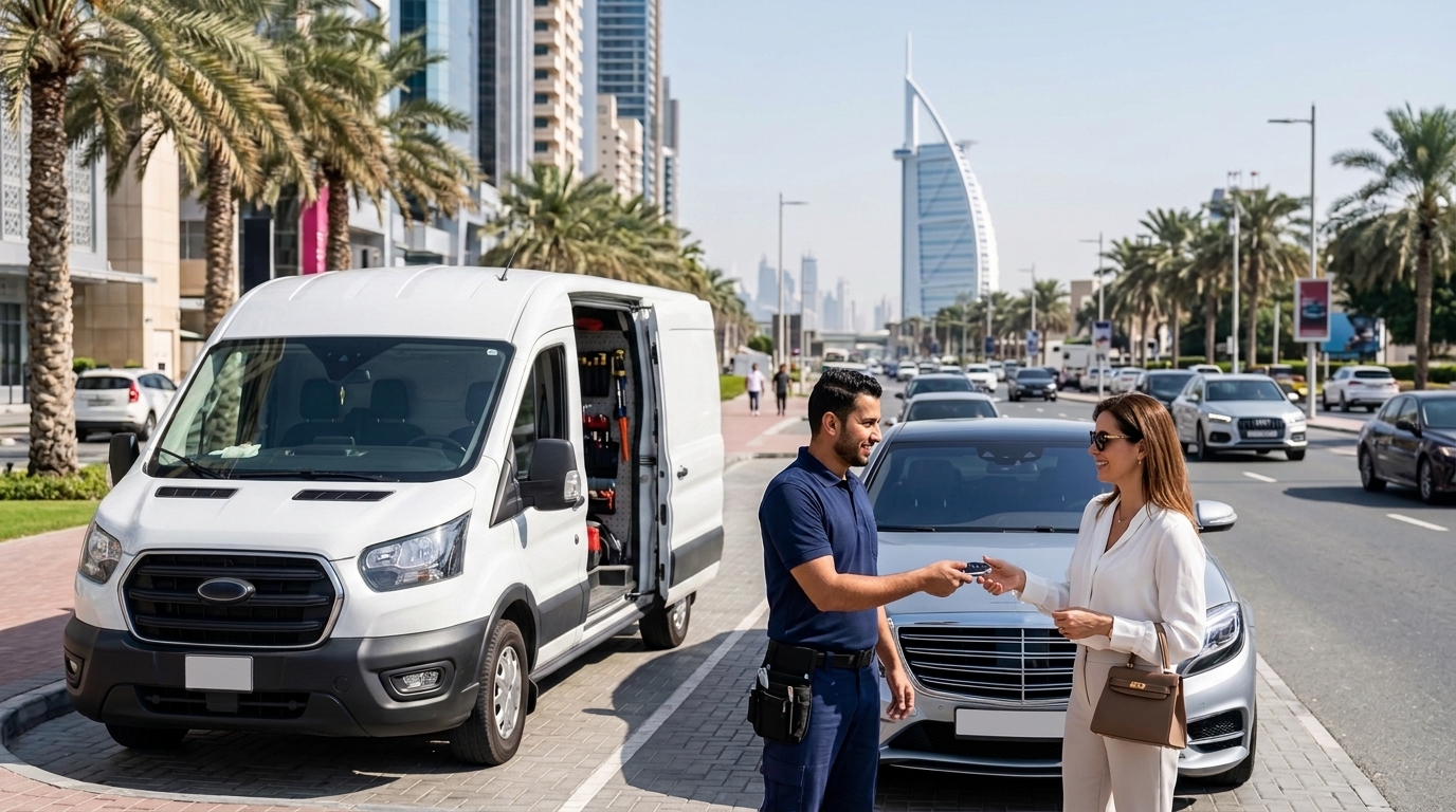 Locksmith handing over car key to customer in Dubai